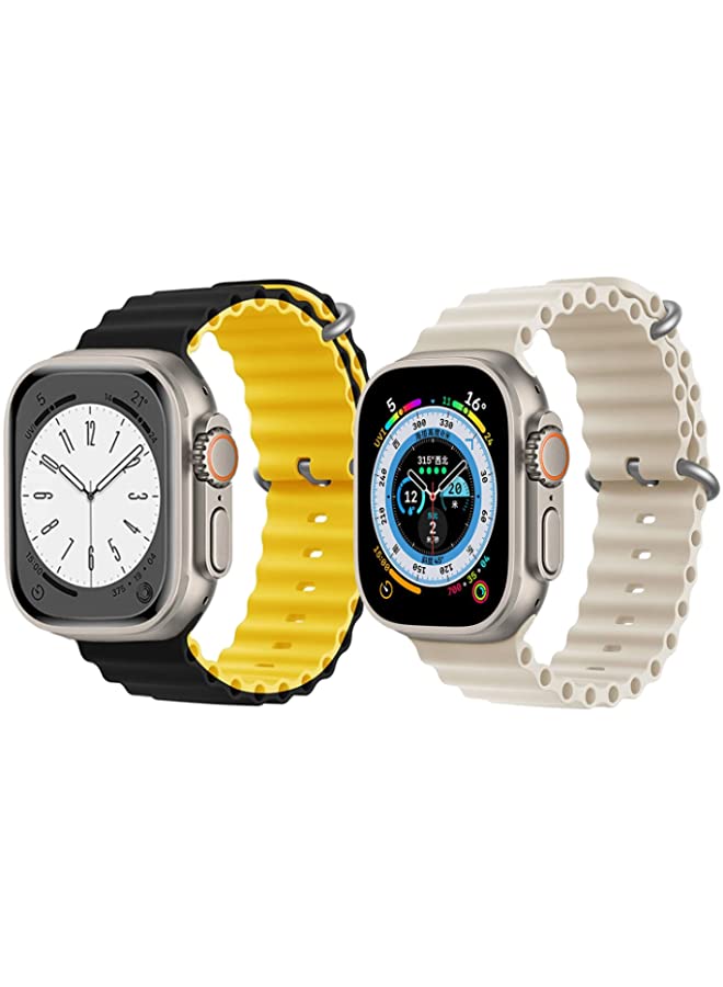 IAF Silicone Ocean Band Strap for Apple Watch Ultra 8 49mm Black/Yellow Double Side Strap with Off White Single Color Strap Set of 2