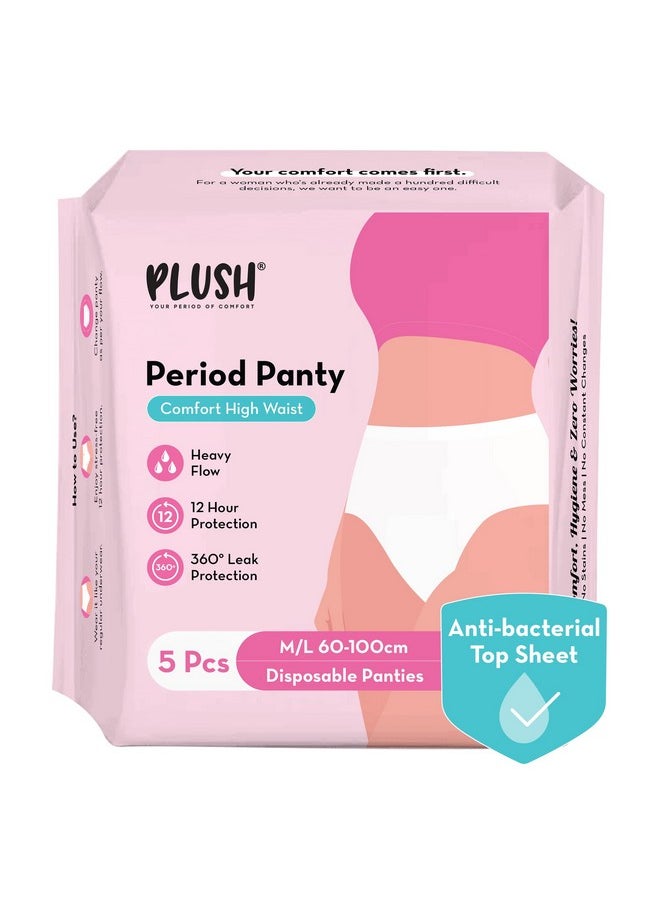 Plush Comfort High Waist Disposable Period Panties For Women - 5 Pcs M/L (60-100Cm) | Anti-Bacterial | 12-Hour Protection | 360° Coverage | Rash-Free | Ideal For Heavy Flow & Overnight Use | White Color  - Image 1