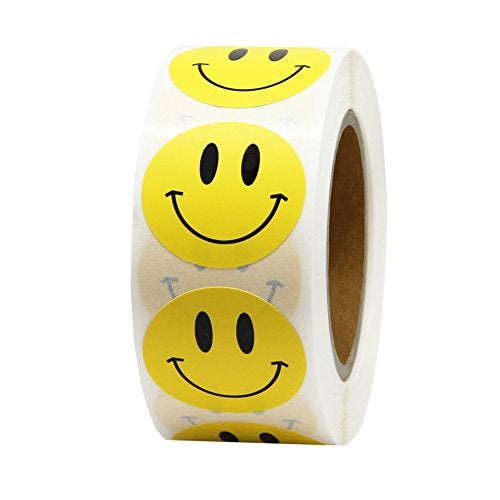 Hcode Happy Face Paper Stickers, 1 Inch Yellow, 500 Pieces per Roll, Permanent Adhesive, for Teachers, Parties, Rewards, Kids - Image 1
