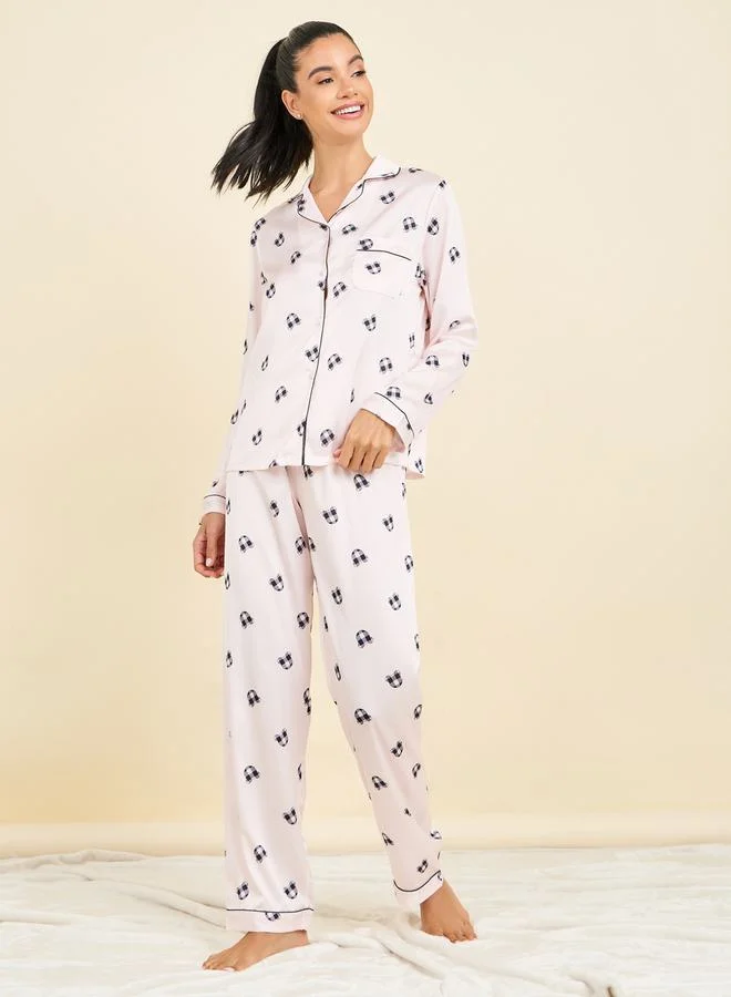 ستايلي All Over Bear Print Piped Shirt & Pyjama Set