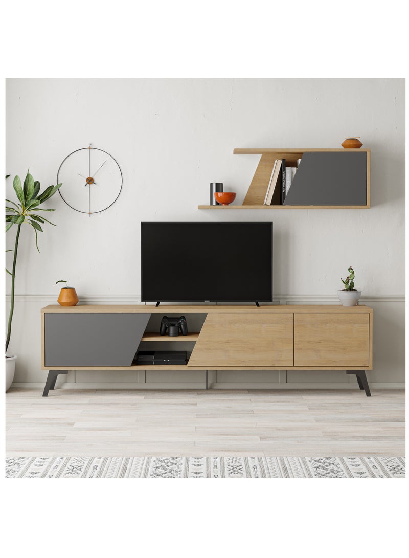 موراه وحدة تلفزيون "فيونا" من موراه هوم، لأجهزة تلفزيون حتى ٧٠ بوصة، مع رف بثلاثة أبواب ومساحة تخزين من طابقين | خزانة تلفزيون لغرفة المعيشة | ١٨٠×٣٥٫٦×٤٨ سم | أبيض - بلوطي/رمادي داكن - Image 1