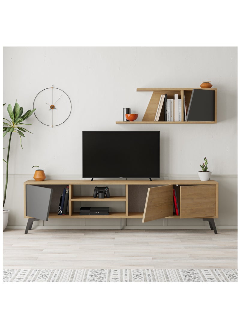 موراه وحدة تلفزيون "فيونا" من موراه هوم، لأجهزة تلفزيون حتى ٧٠ بوصة، مع رف بثلاثة أبواب ومساحة تخزين من طابقين | خزانة تلفزيون لغرفة المعيشة | ١٨٠×٣٥٫٦×٤٨ سم | أبيض - بلوطي/رمادي داكن - Image 3