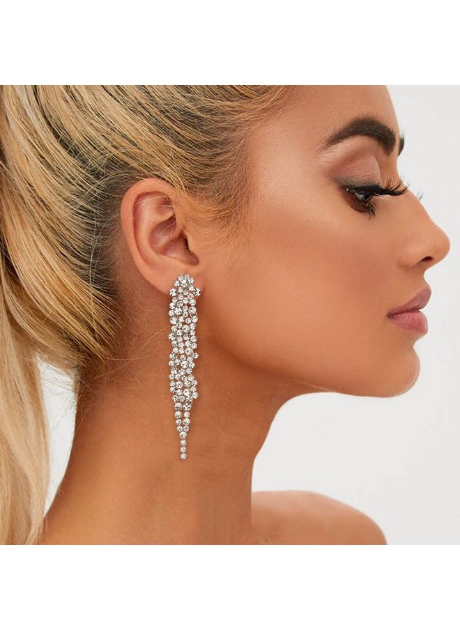 EVER FAITH Wedding Rhinestone Crystal Art Deco Statement Earring, Banquet Prom Long Chandelier Dangle Earrings For Woman Bride Clear Silver-Tone  - Image 3
