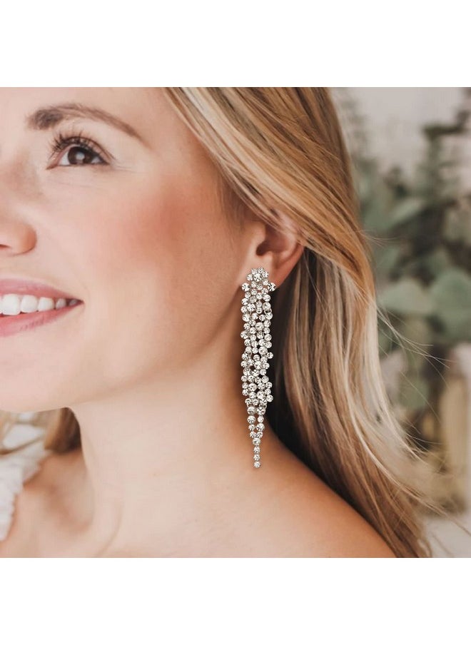EVER FAITH Wedding Rhinestone Crystal Art Deco Statement Earring, Banquet Prom Long Chandelier Dangle Earrings For Woman Bride Clear Silver-Tone  - Image 2