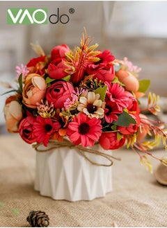 VAOdo Mini Artificial Flowers Hydrangea Bouquet with Small Ceramic Vase Variety Flower Balls Flowers Decoration for Table Home Party Office Wedding Red  - Image 3