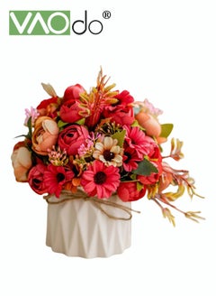 VAOdo Mini Artificial Flowers Hydrangea Bouquet with Small Ceramic Vase Variety Flower Balls Flowers Decoration for Table Home Party Office Wedding Red  - Image 1