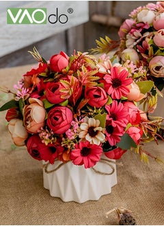 VAOdo Mini Artificial Flowers Hydrangea Bouquet with Small Ceramic Vase Variety Flower Balls Flowers Decoration for Table Home Party Office Wedding Red  - Image 4