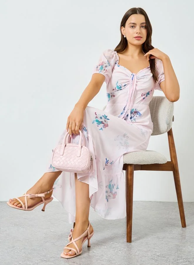 Take Two Pink Floral Print Puff Sleeve Ruffled Hem Maxi Dress