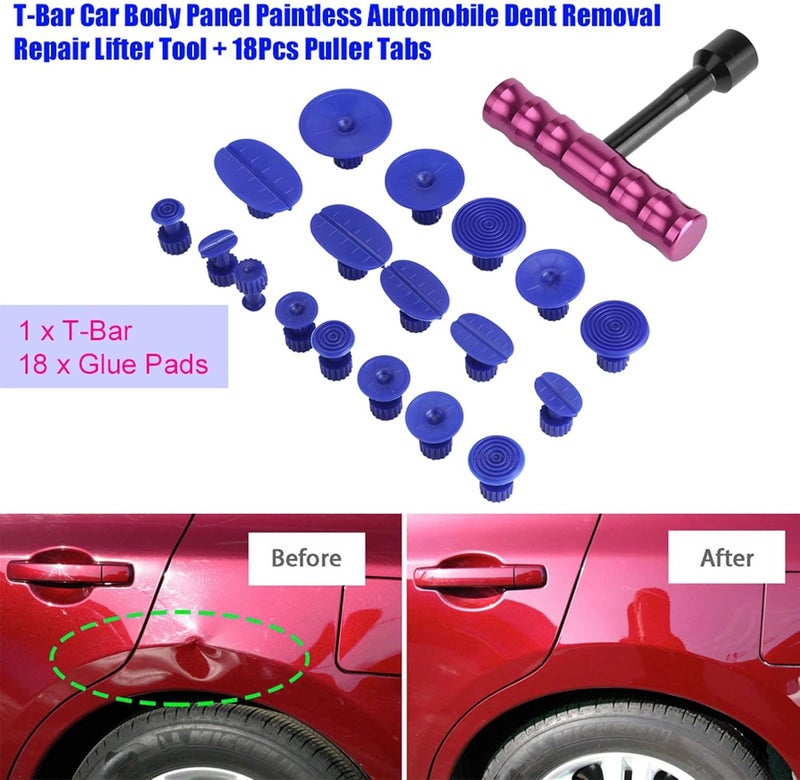 BOWUAI T Bar Car Body Panel Paintless Dent Removal Tool, 18Pcs Puller Tabs Set, Professional Auto Dent Repair Kit with Comfort Metal Grip T - Handle, for Automobile Refrigerator Motorcycl - Image 2