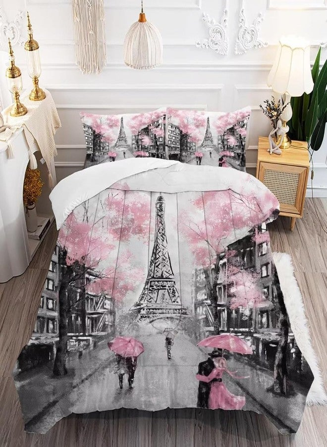 kxry Pink Paris Eiffel Tower Comforter Set Full Size French Style Couple Lover Flower Bedding Sets for Girls Women Kids Quilted Duvet 1 Comforter + 2 Pillow Cases - Image 3