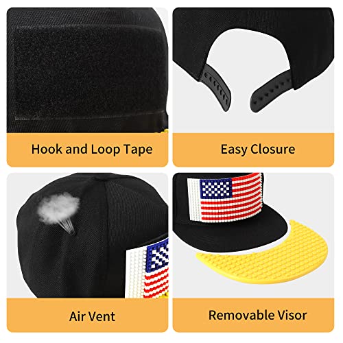 Yanscian Snapback Hat Flat Bill Baseball Cap Building Block American US Flag for Kids & Adults Black… - Image 3