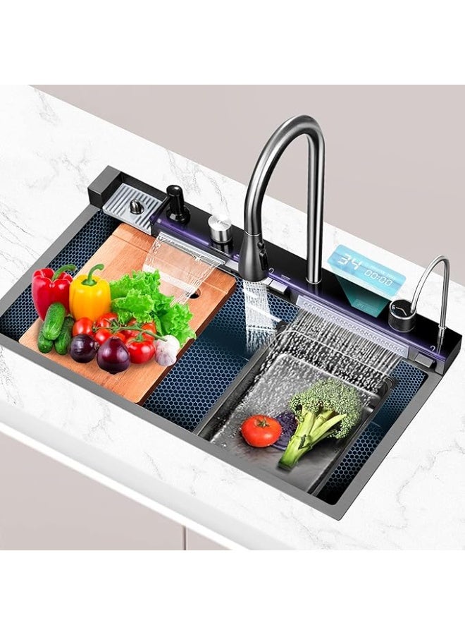 واي دي حوض مطبخ متعدد الوظائف من YD مع صنبور قابل للسحب، وحوض مطبخ بتصميم شلال مع شاشة عرض رقمية مدمجة لدرجة الحرارة، ولوح تقطيع، وسلة تصريف، ومجموعة صنبور مطبخ عالي الضغط - Image 1