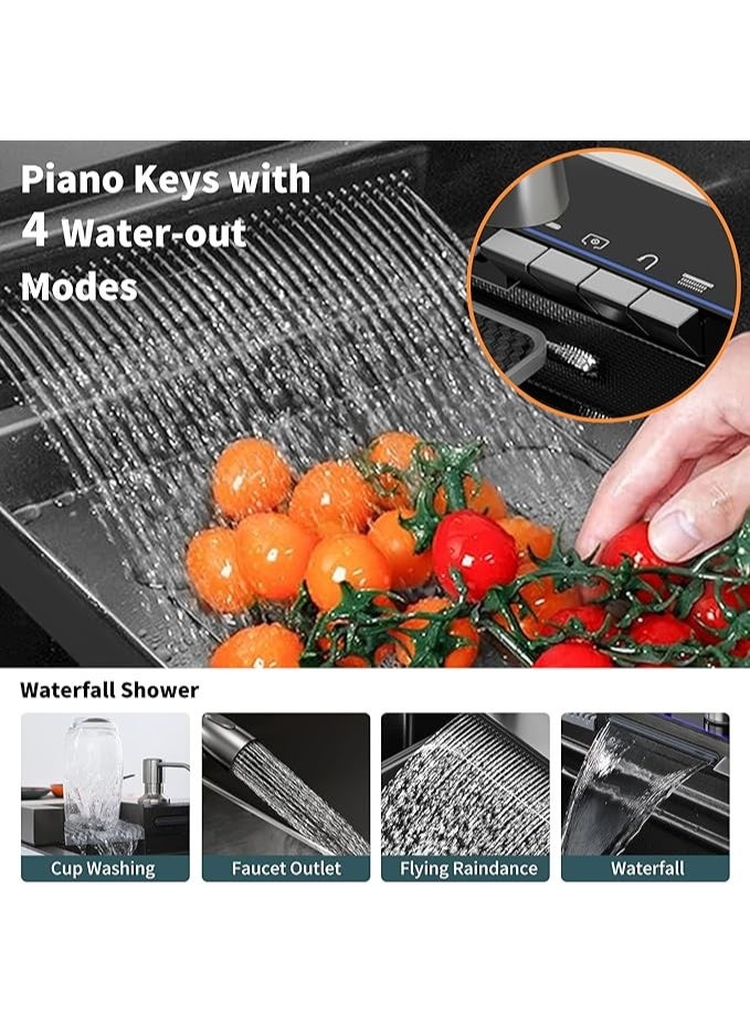 واي دي حوض مطبخ متعدد الوظائف من YD مع صنبور قابل للسحب، وحوض مطبخ بتصميم شلال مع شاشة عرض رقمية مدمجة لدرجة الحرارة، ولوح تقطيع، وسلة تصريف، ومجموعة صنبور مطبخ عالي الضغط - Image 2