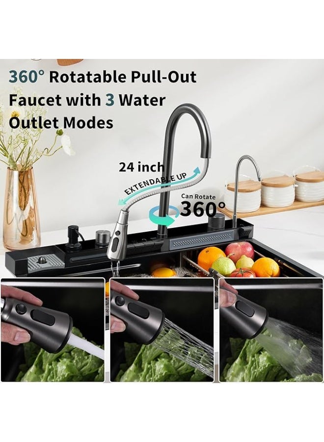 واي دي حوض مطبخ متعدد الوظائف من YD مع صنبور قابل للسحب، وحوض مطبخ بتصميم شلال مع شاشة عرض رقمية مدمجة لدرجة الحرارة، ولوح تقطيع، وسلة تصريف، ومجموعة صنبور مطبخ عالي الضغط - Image 3