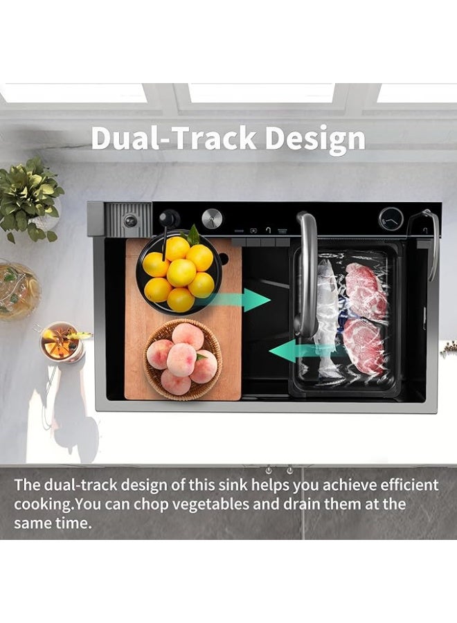 واي دي حوض مطبخ متعدد الوظائف من YD مع صنبور قابل للسحب، وحوض مطبخ بتصميم شلال مع شاشة عرض رقمية مدمجة لدرجة الحرارة، ولوح تقطيع، وسلة تصريف، ومجموعة صنبور مطبخ عالي الضغط - Image 4