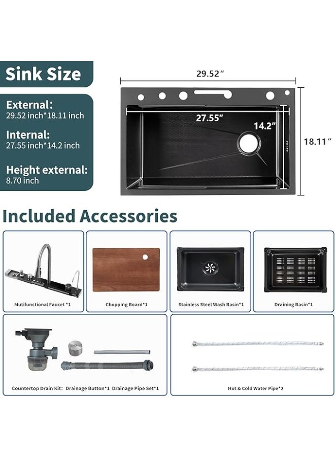 واي دي حوض مطبخ متعدد الوظائف من YD مع صنبور قابل للسحب، وحوض مطبخ بتصميم شلال مع شاشة عرض رقمية مدمجة لدرجة الحرارة، ولوح تقطيع، وسلة تصريف، ومجموعة صنبور مطبخ عالي الضغط - Image 5