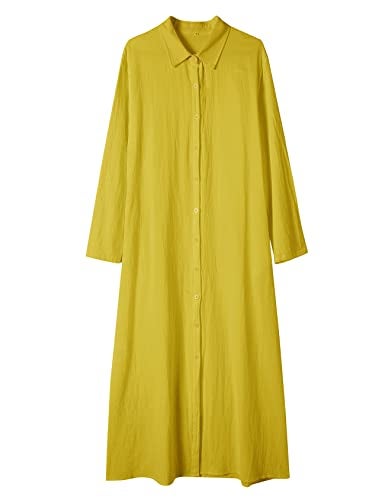 Ladyful Women's Button Down Cotton Linen Shirt Dress Long Sleeve Maxi Shirtdress Beach Summer Dress Pockets Yellow - Image 4