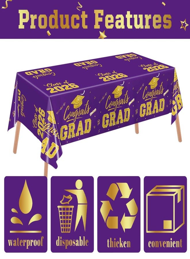 LINHAXM Graduation Decorations 2026, Purple and Gold Graduation Tablecloths, 2 Pack Congrats Grad Plastic Disposable Table Cover for Grad Party Decorations Class of 2026, 54" x 108" - Image 3