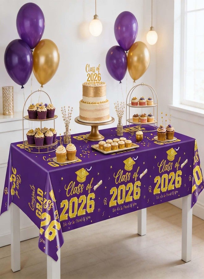 LINHAXM Graduation Decorations 2026, Purple and Gold Graduation Tablecloths, 2 Pack Congrats Grad Plastic Disposable Table Cover for Grad Party Decorations Class of 2026, 54" x 108" - Image 4