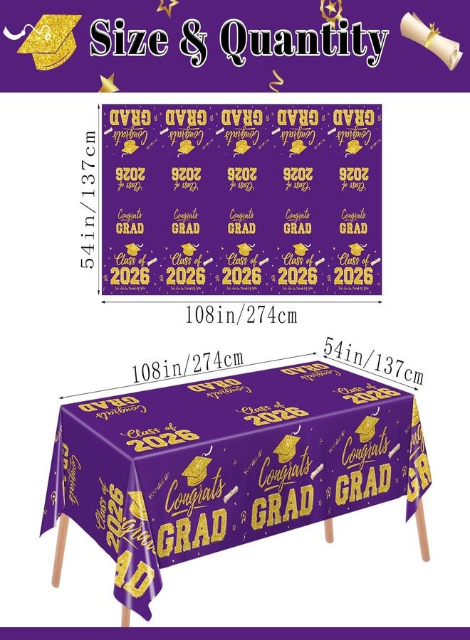 LINHAXM Graduation Decorations 2026, Purple and Gold Graduation Tablecloths, 2 Pack Congrats Grad Plastic Disposable Table Cover for Grad Party Decorations Class of 2026, 54" x 108" - Image 2