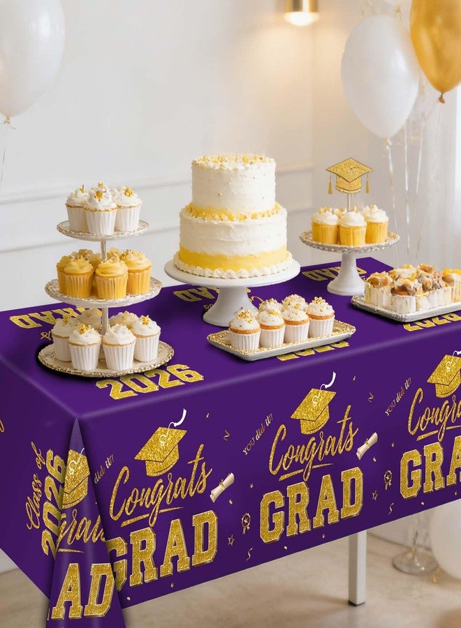 LINHAXM Graduation Decorations 2026, Purple and Gold Graduation Tablecloths, 2 Pack Congrats Grad Plastic Disposable Table Cover for Grad Party Decorations Class of 2026, 54" x 108" - Image 5