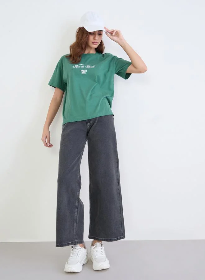 Styli Styli Green Embroidered Boxy Fit T-Shirt