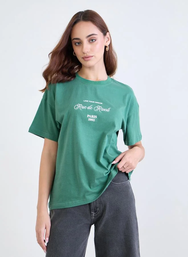 Styli Styli Green Embroidered Boxy Fit T-Shirt
