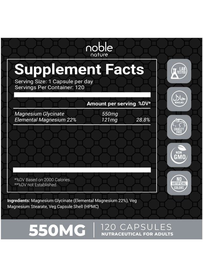 noble nature High Absorption Magnesium Glycinate 550mg - 120 Veg Capsules - 4 Months Supply - Image 2
