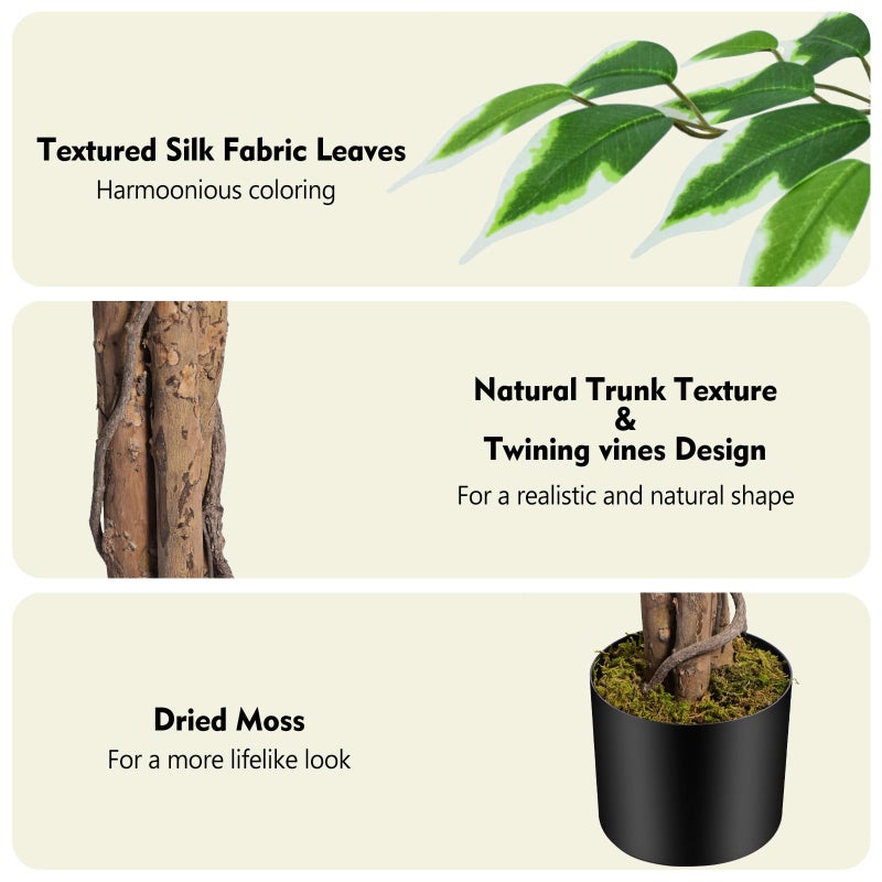 Keeplush 6.2ft Ficus Artificial Trees with 3 Natural Curved Trunks, 74" Tall Lush Faux Tree for Home Decor Indoor, Green Lifelike Fake Ficus Tree 1pcs - Image 3