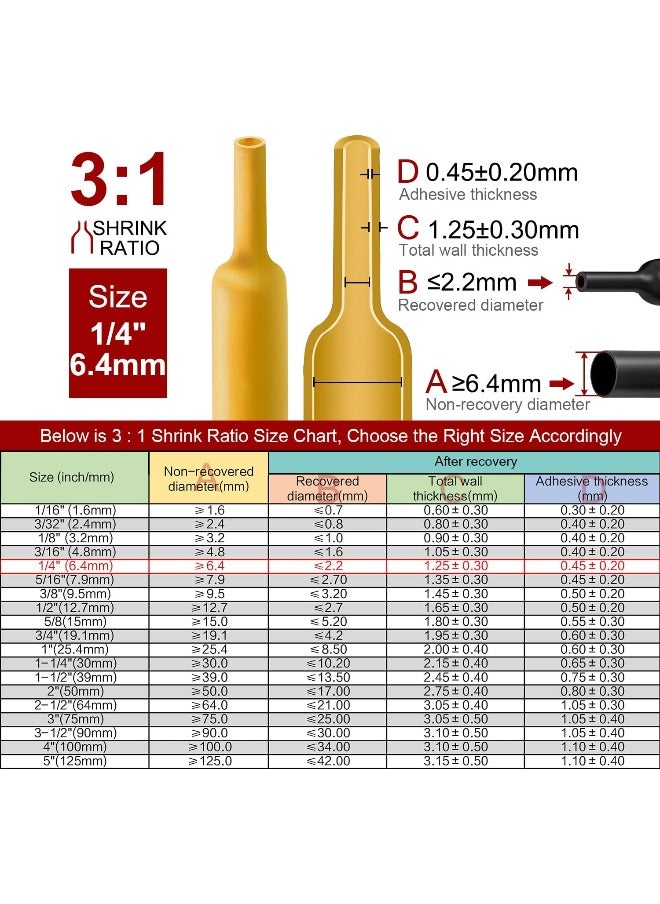 CHANZON Chanzon 3:1 Ratio 1/4" (6.4mm) Heat Shrink Tubing - Marine Grade Waterproof Adhesive Lined - 8Ft Roll (2.5M Total Length) Yellow Polyolefin Sleeving Wrap Shrinking 3 to 1 Ratio 1pcs  - Image 3