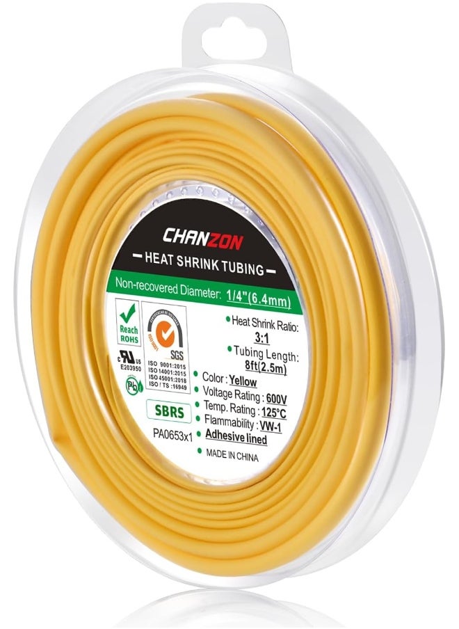 CHANZON Chanzon 3:1 Ratio 1/4" (6.4mm) Heat Shrink Tubing - Marine Grade Waterproof Adhesive Lined - 8Ft Roll (2.5M Total Length) Yellow Polyolefin Sleeving Wrap Shrinking 3 to 1 Ratio 1pcs  - Image 1