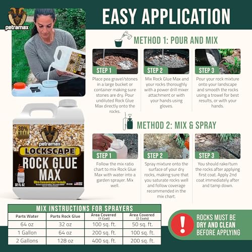 Petra غراء بيترا ماكس للصخور لتنسيق الحدائق، 32 أونصة - غراء آمن للحيوانات الأليفة لتغطية الأرضيات والصخور - تثبيت الحصى/الحصى/الحجارة - لاصق حصى شفاف ومثبت جرانيت متحلل (50 قدم مربع) - Image 3