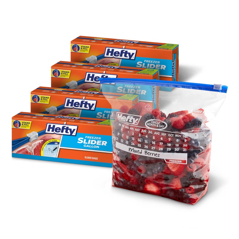 Hefty Calendar Slider Gallon Freezer Bags, 25 Count (Pack of 4), Gallon Slider Bags for Freezer with Calendar Dates, Holds Raw Meat, Soups, Fruits and Veggies, and More, Secure Zip and Click Closure - Image 1