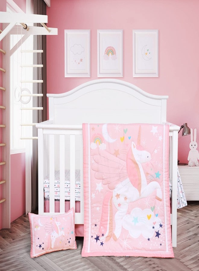 JISEN 5 Piece Crib Bedding Set for Girls Unicorns Baby Girl Bedding Crib Set Nursery Bedding Sets - Crib Quilt Crib Sheet Pillowcase Crib Skirt Diaper Stacker - Image 2