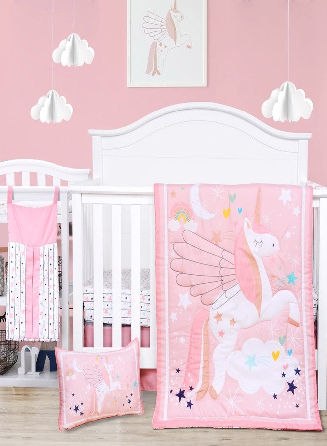 JISEN 5 Piece Crib Bedding Set for Girls Unicorns Baby Girl Bedding Crib Set Nursery Bedding Sets - Crib Quilt Crib Sheet Pillowcase Crib Skirt Diaper Stacker - Image 1