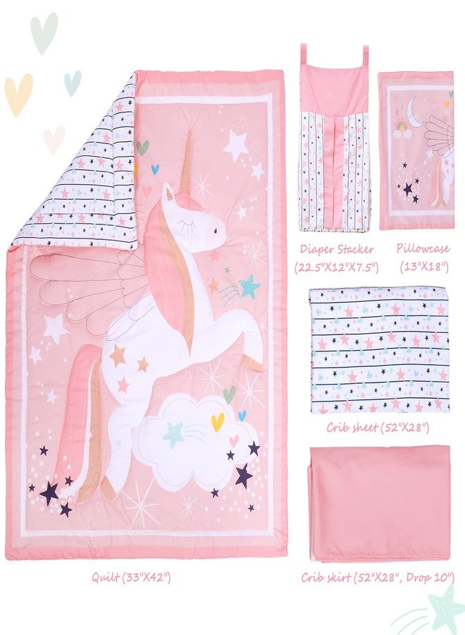JISEN 5 Piece Crib Bedding Set for Girls Unicorns Baby Girl Bedding Crib Set Nursery Bedding Sets - Crib Quilt Crib Sheet Pillowcase Crib Skirt Diaper Stacker - Image 3