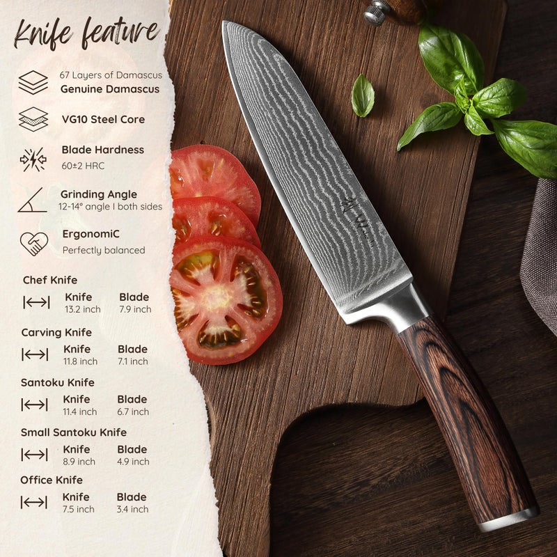 Wakoli Damascus Kitchen Knife Set  5 Piece Professional Chef Knife Set Made From 67 Layers Of Damascus Steel With Vg10 Core  Knives Set For Kitchen With Pakkawood Handles In Wooden Gift Box (Edib) - Image 4