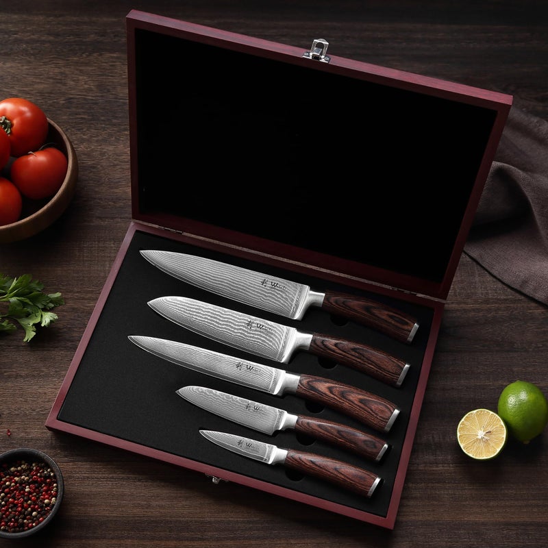 Wakoli Damascus Kitchen Knife Set  5 Piece Professional Chef Knife Set Made From 67 Layers Of Damascus Steel With Vg10 Core  Knives Set For Kitchen With Pakkawood Handles In Wooden Gift Box (Edib) - Image 3