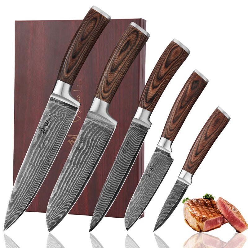 Wakoli Damascus Kitchen Knife Set  5 Piece Professional Chef Knife Set Made From 67 Layers Of Damascus Steel With Vg10 Core  Knives Set For Kitchen With Pakkawood Handles In Wooden Gift Box (Edib) - Image 1