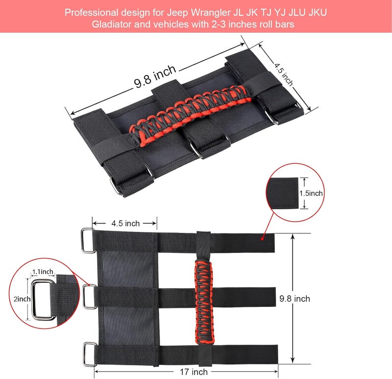 KOOLYNHO Roll Bar Grab Handles Hand Grips Accessories Paracord Hand Grab for Jeep Wrangler JL JK TJ YJ Gladiator Sahara Rubicon Unlimited (Red 4 Pack) - Image 2