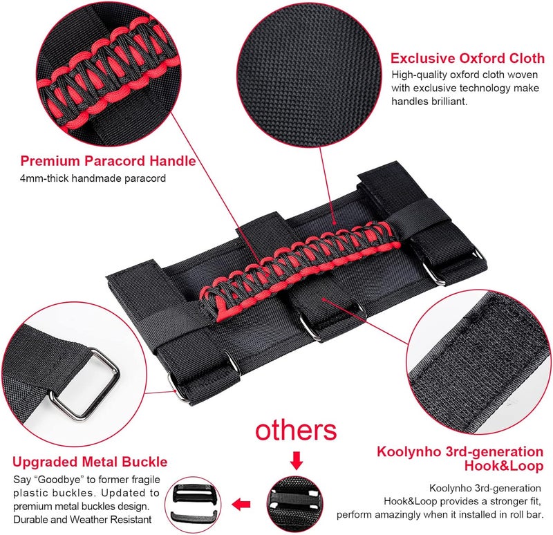 KOOLYNHO Roll Bar Grab Handles Hand Grips Accessories Paracord Hand Grab for Jeep Wrangler JL JK TJ YJ Gladiator Sahara Rubicon Unlimited (Red 4 Pack) - Image 4