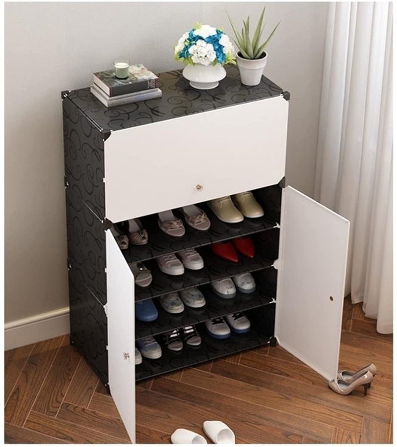 KEEKOS Shoe Rack Multipurpose 5 Shelves Shoe Rack with Zip Door Cover & Side Pockets, Multiuse Wide Shelve,Rack for Footwear, Toys, Clothes (Black White, 6-Layer) - Image 2
