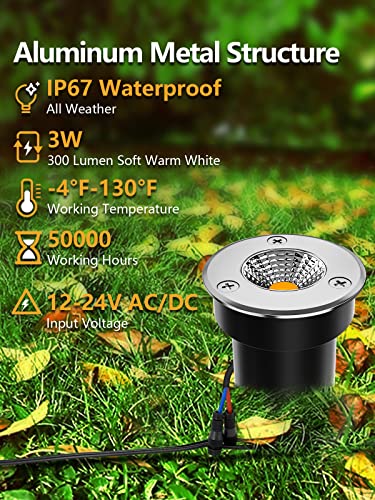 ZUCKEO Low Voltage Landscape Lights 3W LED Well Lights, 12V-24V Landscape Lighting Outdoor In-Ground Light IP67 Waterproof Paver Light for Pathway Deck Step Garden Warm White (2 Pack) - Image 3