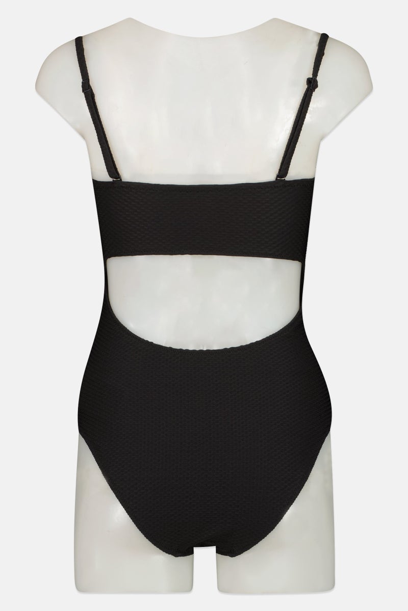 Aerie Women Textured One Piece Swimwear, Black  - Image 3