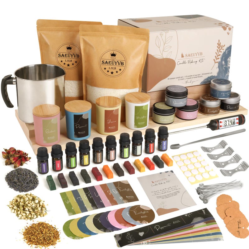 SAEUYVB Candle Making Kit - DIY Starter Soy Candle Making Supplies/Kit - Soy Wax, 10 Jars & Tins, 10 Pleasant Scents, Color Dyes & Moreï¼ŒPerfect Candle Making Kit for Adults - Image 1