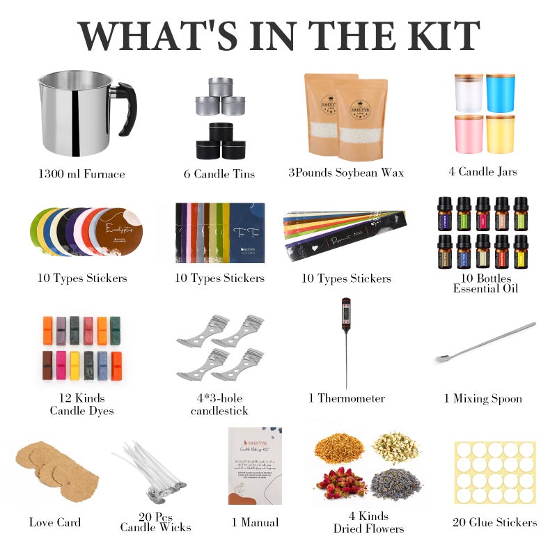 SAEUYVB Candle Making Kit - DIY Starter Soy Candle Making Supplies/Kit - Soy Wax, 10 Jars & Tins, 10 Pleasant Scents, Color Dyes & Moreï¼ŒPerfect Candle Making Kit for Adults - Image 2