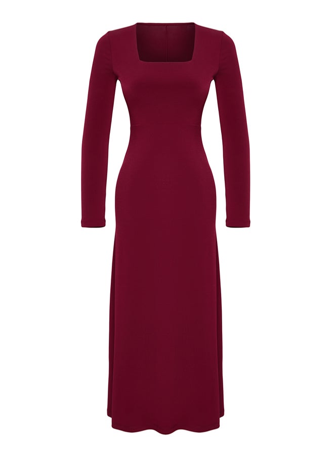 trendyol Burgundy Maxi Flounce Square Neck Fitted/Fits Body Maxi Flexible Knit Dress TWOAW24EL00613 - Image 5