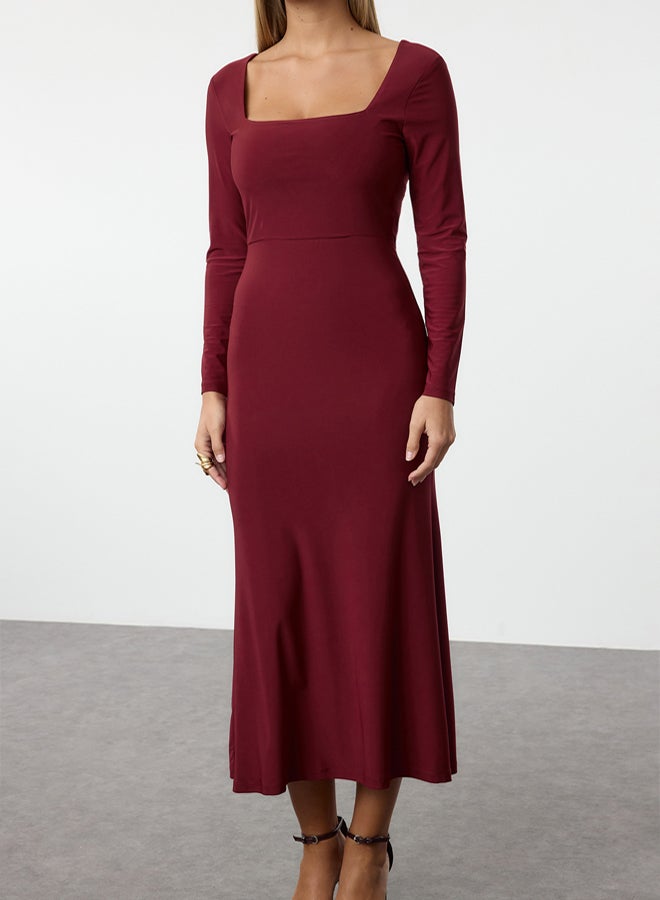 trendyol Burgundy Maxi Flounce Square Neck Fitted/Fits Body Maxi Flexible Knit Dress TWOAW24EL00613 - Image 4