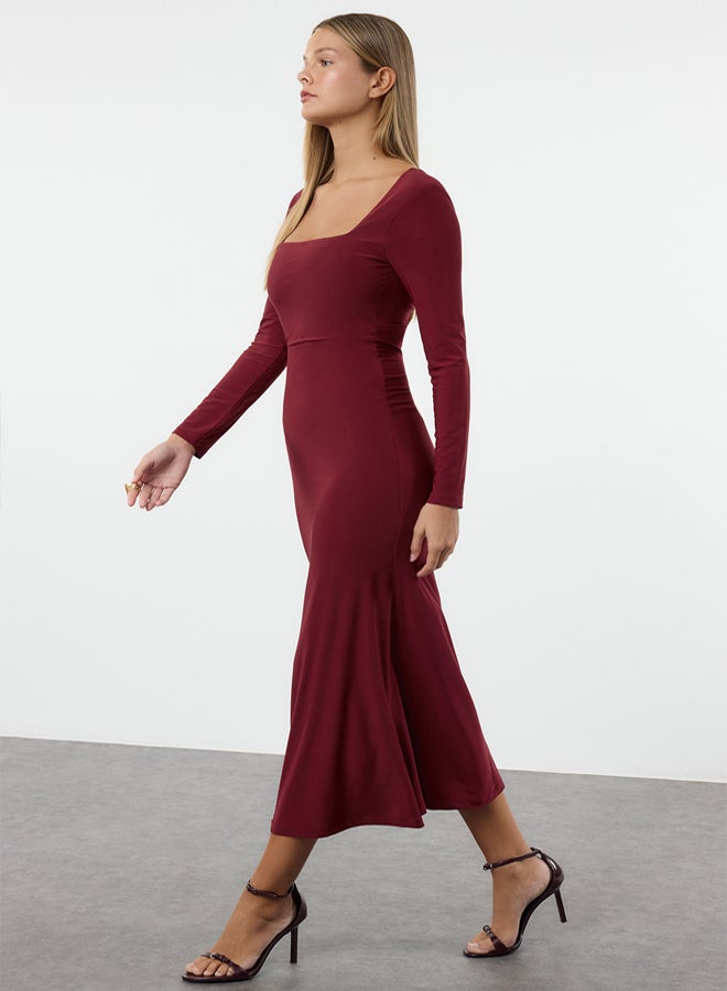 trendyol Burgundy Maxi Flounce Square Neck Fitted/Fits Body Maxi Flexible Knit Dress TWOAW24EL00613 - Image 2