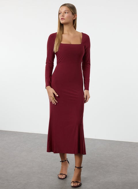 Burgundy Maxi Flounce Square Neck Fitted/Fits Body Maxi Flexible Knit Dress TWOAW24EL00613